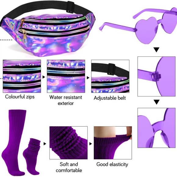 Holographic Crossbody Fanny Pack with 3 Pockets & Heart Shades - Fashionable Duo - Picture 6 of 7